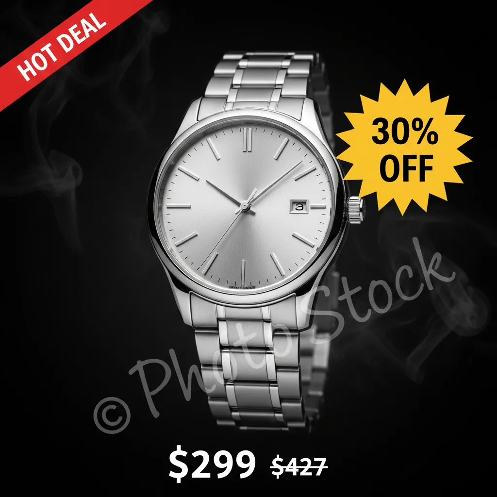 Watch photo with promotional text overlay